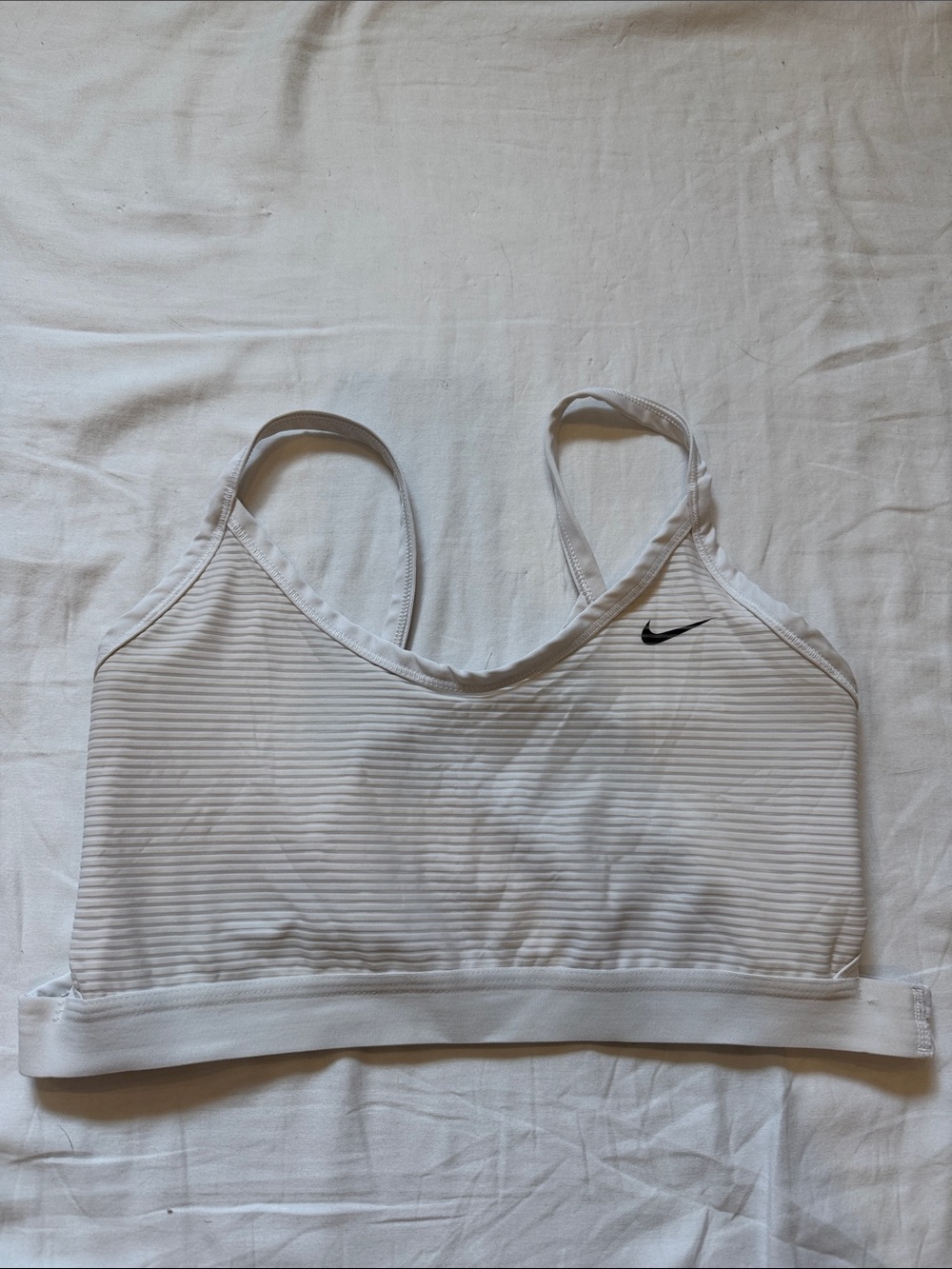 Nike White Ribbed Light-Support Sports Bra with Black Swoosh Accent